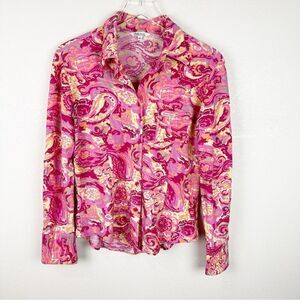 Guess Pink Floral Vintage 70s Button Down Blouse Long Sleeve Disco XL